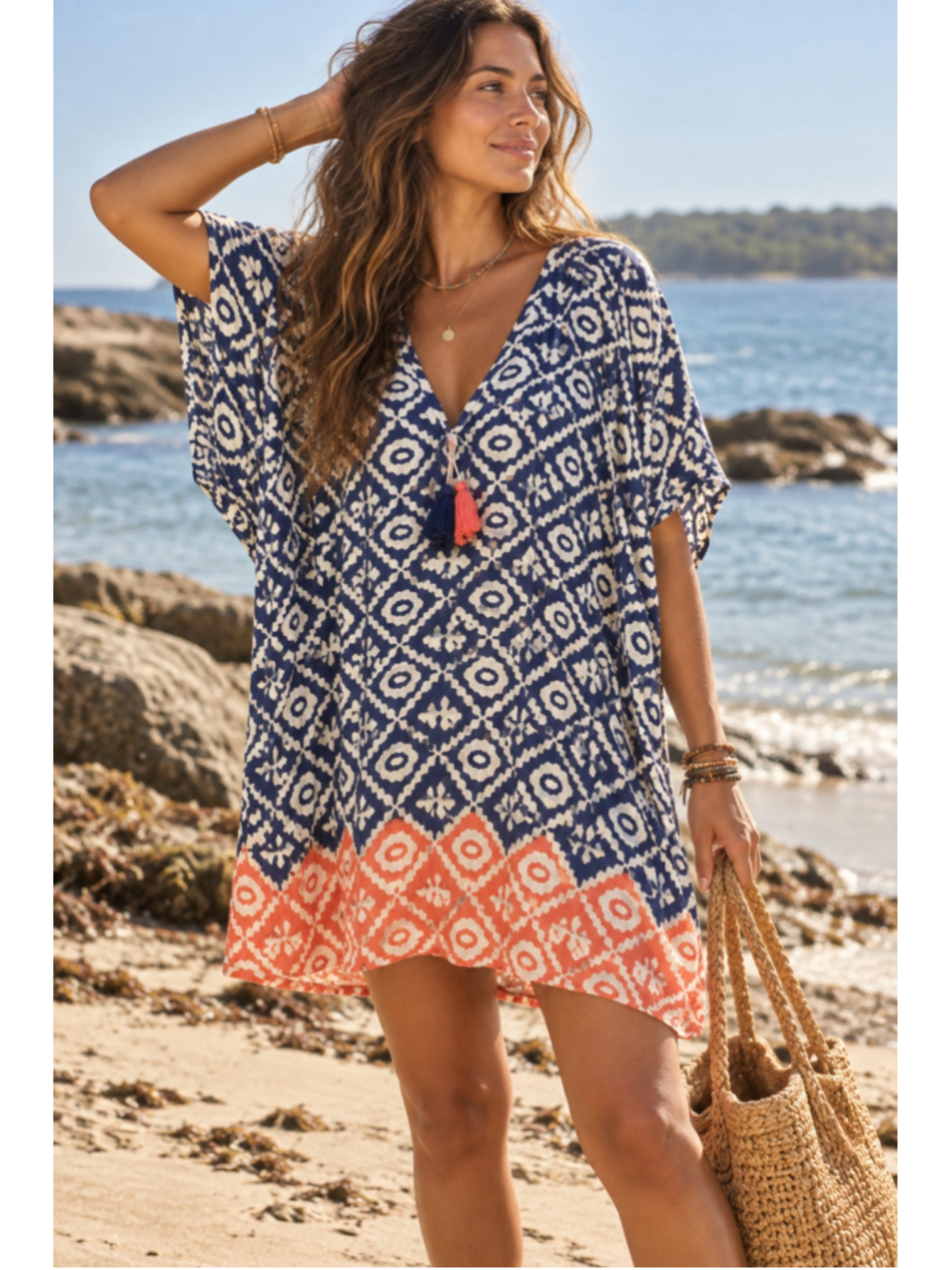 Boho Hand Block Print Cotton Kaftan Dress – Blue & White Geometric Tunic Coverup